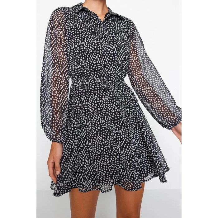 Moda Regular Casual Günlük Şifon Dokuma Gömlek Yaka Uzun Kol Gömlek Elbise Mini Boy Elbise