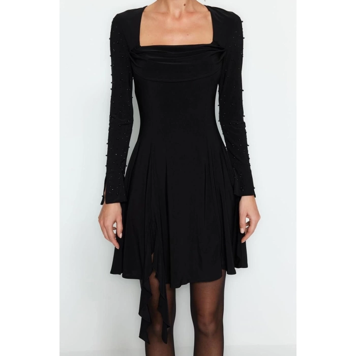 Fashion Fit Graduation Prom Sandy Knitted Cowl Neck Long Sleeve Shift Mini Length Dress