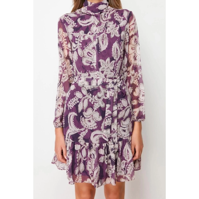 Fashion Regular Day Night Chiffon Woven Stand Collar Long Sleeve Skater Mini Length Dress
