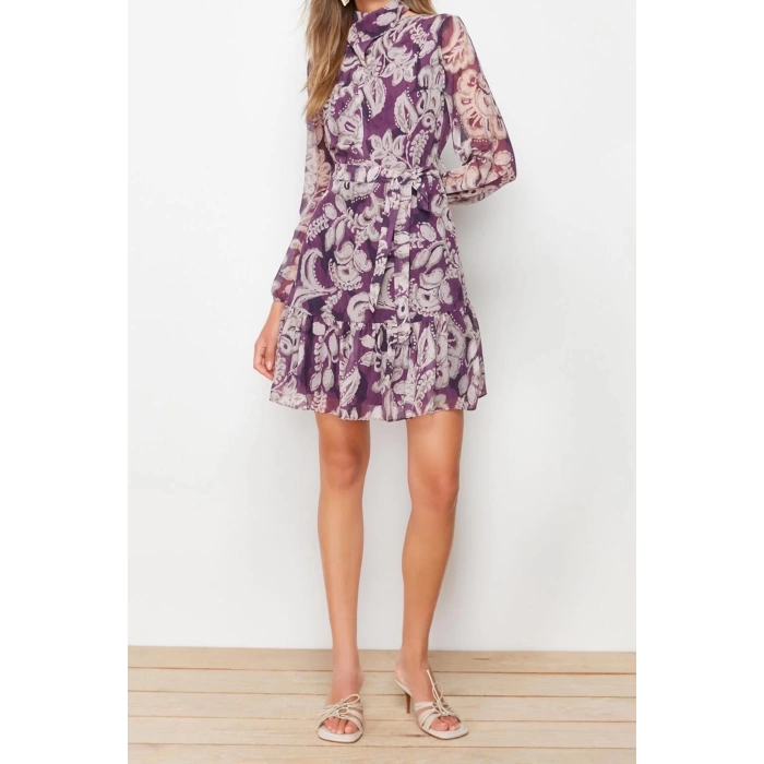 Fashion Regular Day Night Chiffon Woven Stand Collar Long Sleeve Skater Mini Length Dress