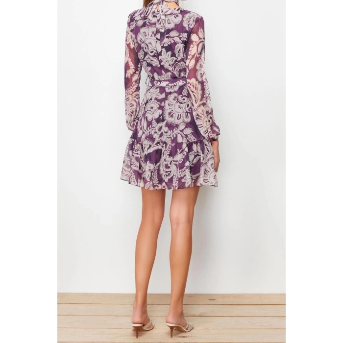Fashion Regular Day Night Chiffon Woven Stand Collar Long Sleeve Skater Mini Length Dress