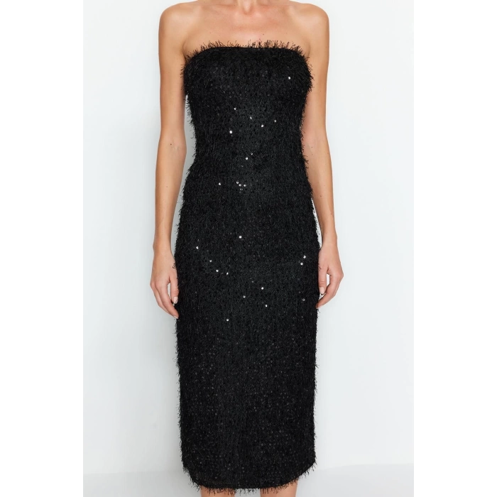 Fashion Regular Graduation Prom Sequin Woven Strapless Sleeveless Shift Midi Length Dress