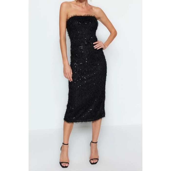 Fashion Regular Graduation Prom Sequin Woven Strapless Sleeveless Shift Midi Length Dress