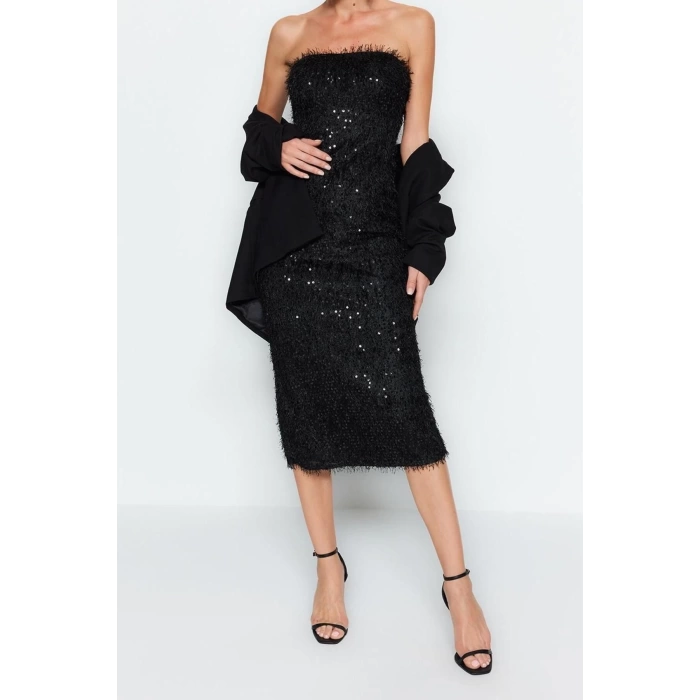 Fashion Regular Graduation Prom Sequin Woven Strapless Sleeveless Shift Midi Length Dress