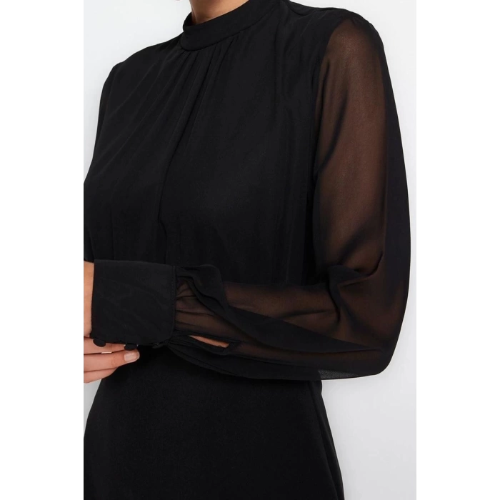 Fashion Fit Day Night Finike Woven Stand Collar Long Sleeve Bodycon Mini Length Dress
