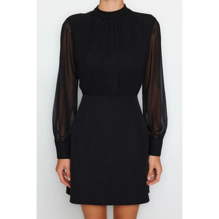 Fashion Fit Day Night Finike Woven Stand Collar Long Sleeve Bodycon Mini Length Dress