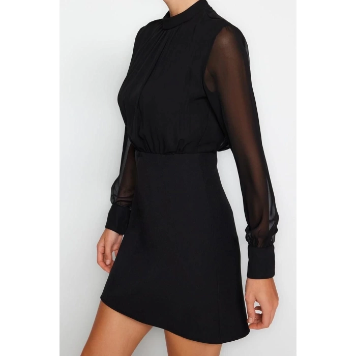 Fashion Fit Day Night Finike Woven Stand Collar Long Sleeve Bodycon Mini Length Dress