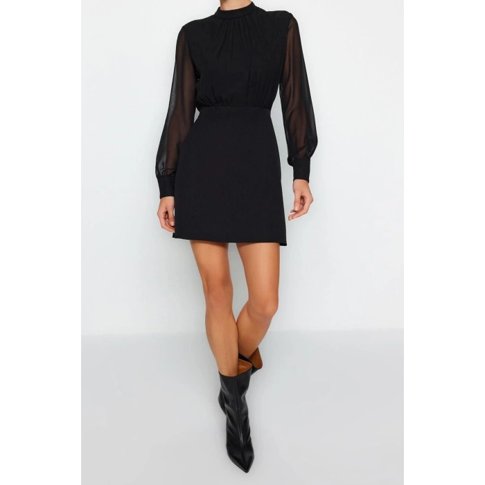 Fashion Fit Day Night Finike Woven Stand Collar Long Sleeve Bodycon Mini Length Dress