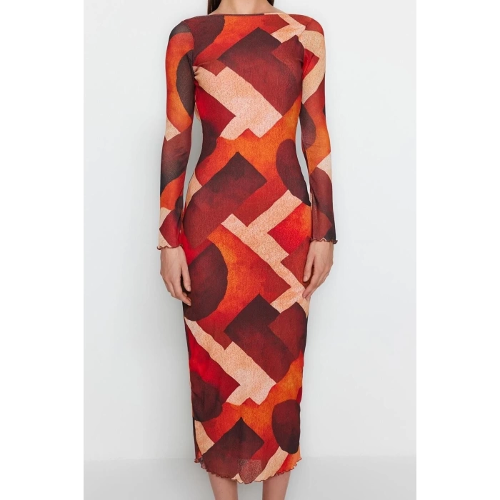 Fashion Regular Casual Daily Foam Fabric Knitted Boat Neck Long Sleeve Bodycone Maxi Length Dress