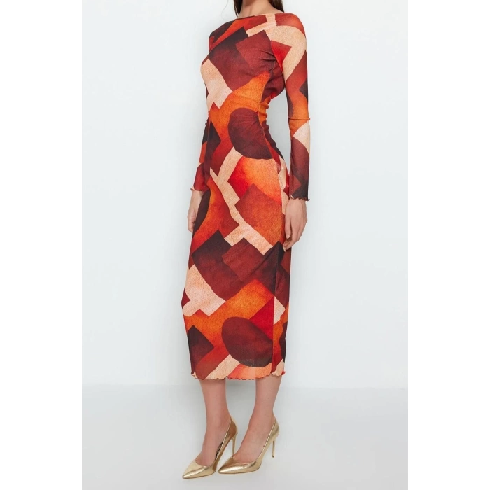 Fashion Regular Casual Daily Foam Fabric Knitted Boat Neck Long Sleeve Bodycone Maxi Length Dress