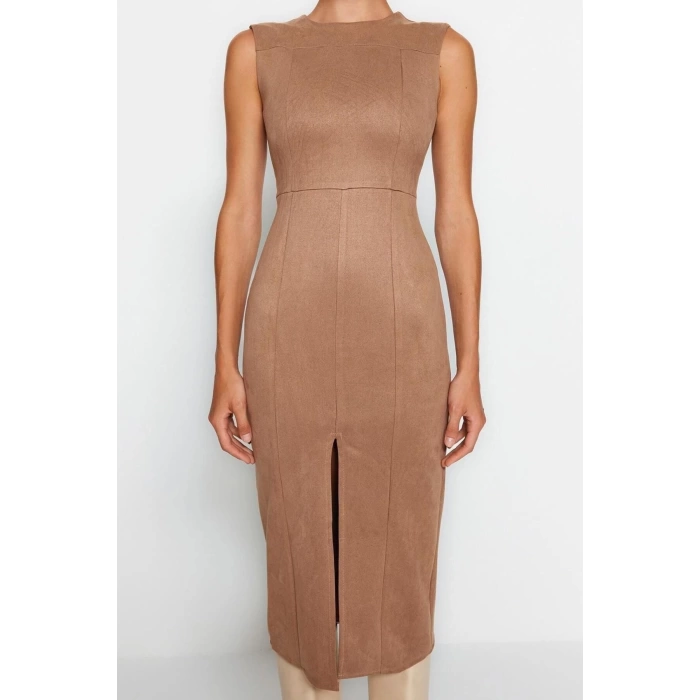 Fashion Fit Day Night Suede Woven Crew Neck Sleeveless Sleeve Bodycone Midi Length Dress