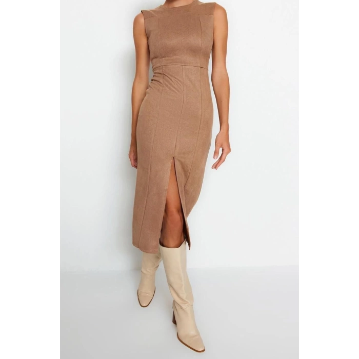 Fashion Fit Day Night Suede Woven Crew Neck Sleeveless Sleeve Bodycone Midi Length Dress