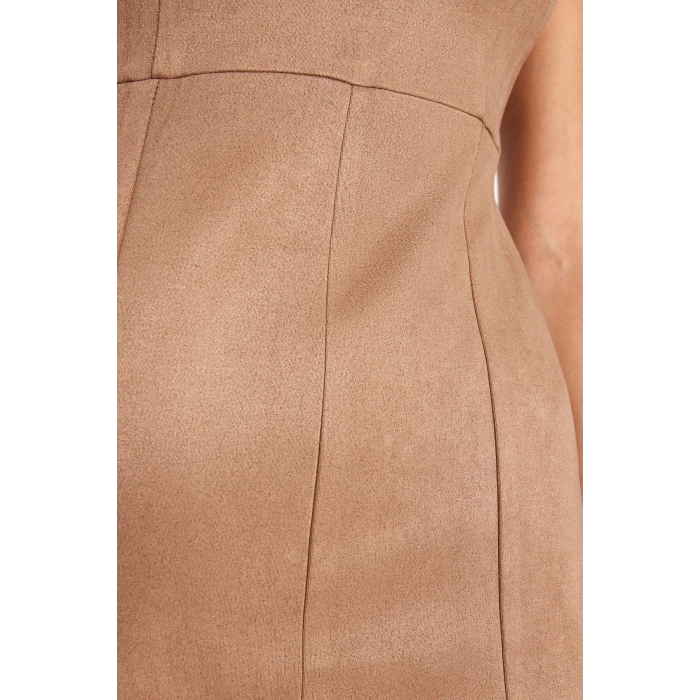 Fashion Fit Day Night Suede Woven Crew Neck Sleeveless Sleeve Bodycone Midi Length Dress