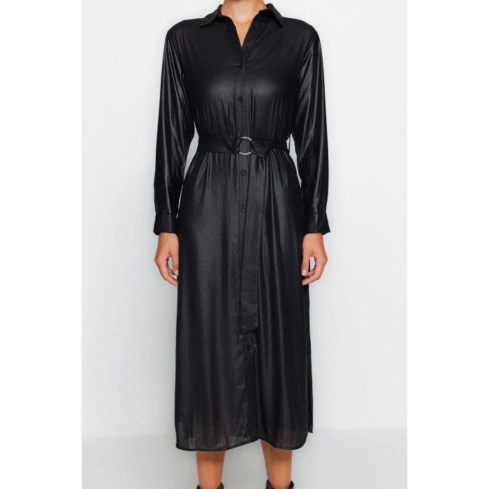 Fashion Regular Day Night Chiffon Woven Shirt Collar Long Sleeve Shirt Dress Midi Length Dress
