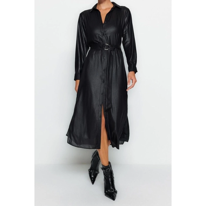 Fashion Regular Day Night Chiffon Woven Shirt Collar Long Sleeve Shirt Dress Midi Length Dress