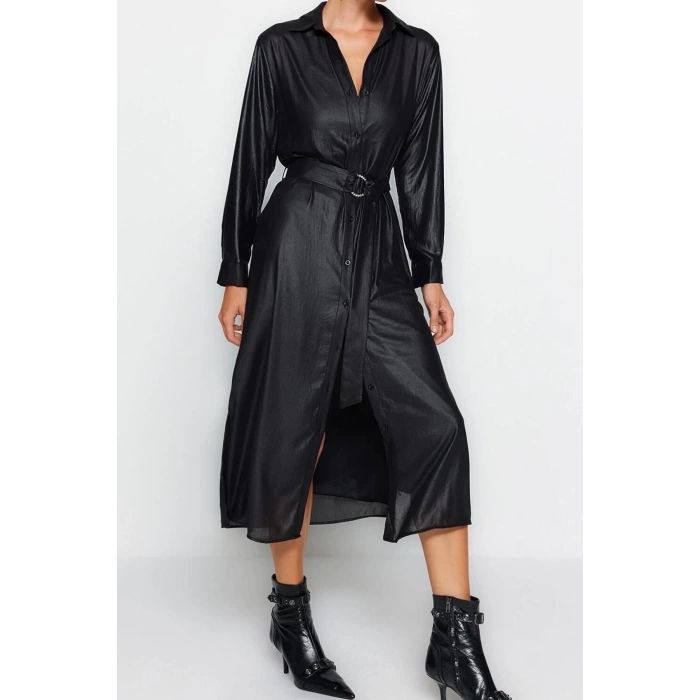 Fashion Regular Day Night Chiffon Woven Shirt Collar Long Sleeve Shirt Dress Midi Length Dress