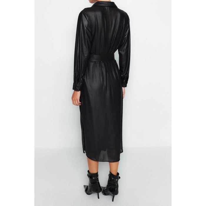 Fashion Regular Day Night Chiffon Woven Shirt Collar Long Sleeve Shirt Dress Midi Length Dress