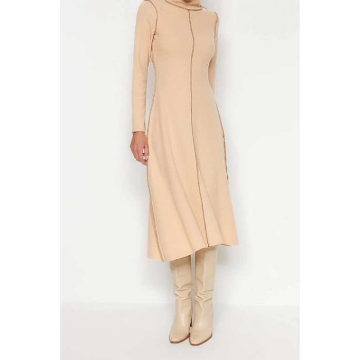 Moda Regular Casual Daily Selanik Knitted Stand Collar Long Sleeve A-Line Midi Length Dress