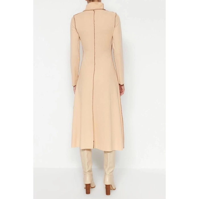 Moda Regular Casual Daily Selanik Knitted Stand Collar Long Sleeve A-Line Midi Length Dress
