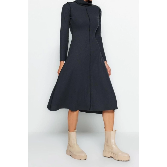 Moda Regular Casual Daily Selanik Knitted Stand Collar Long Sleeve A-Line Midi Length Dress