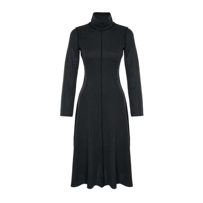 Moda Regular Casual Daily Selanik Knitted Stand Collar Long Sleeve A-Line Midi Length Dress