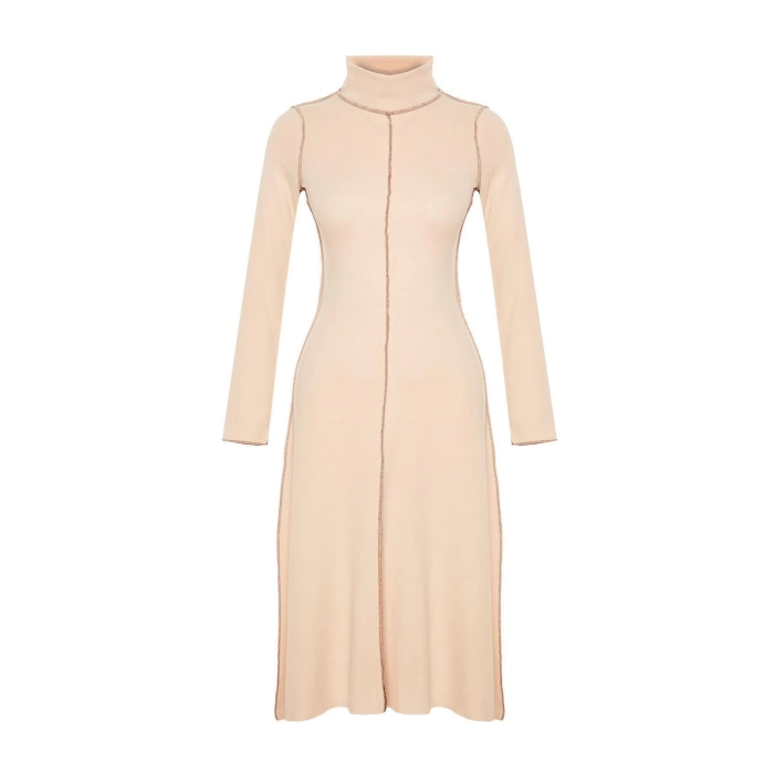 Moda Regular Casual Daily Selanik Knitted Stand Collar Long Sleeve A-Line Midi Length Dress