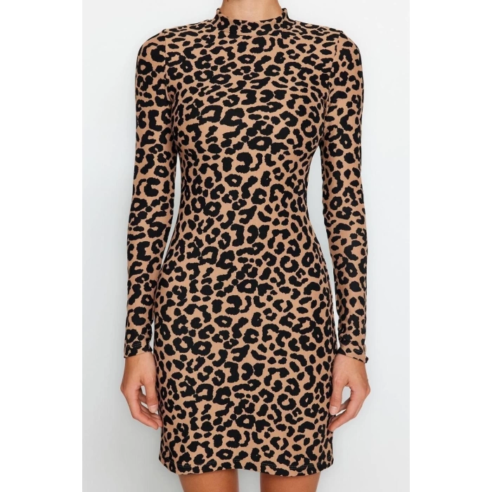 Fashion Slim Day Night Ottoman Knitted Stand Collar Long Sleeve Basic Mini Length Dress