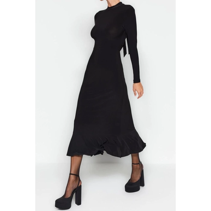 Fashion Slim Day Night Thick Sandy Knitted Stand Collar Long Sleeve Ruffle Skirt Maxi Length Dress