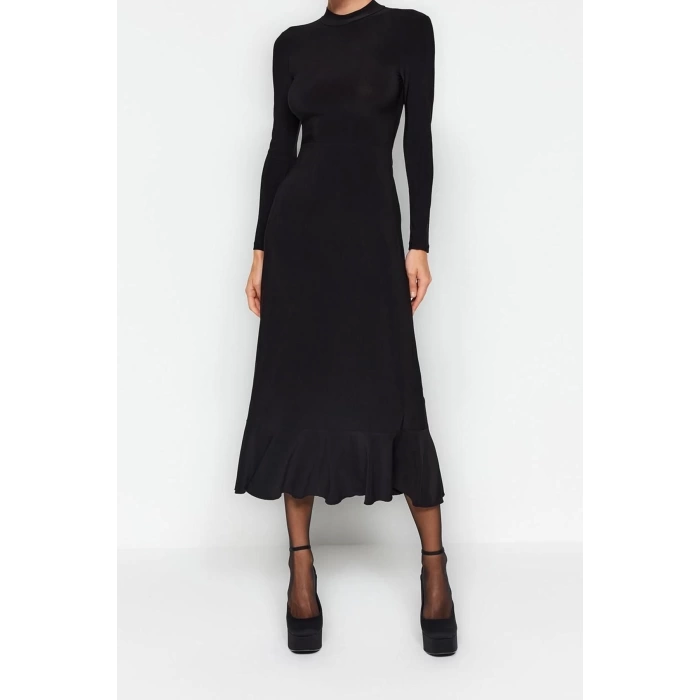 Fashion Slim Day Night Thick Sandy Knitted Stand Collar Long Sleeve Ruffle Skirt Maxi Length Dress