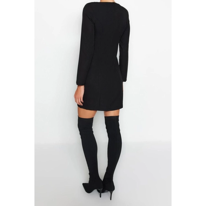 Moda Regular Gündüz Gece Finike Dokuma Bisiklet Yaka Uzun Kol A-Line Mini Boy Elbise