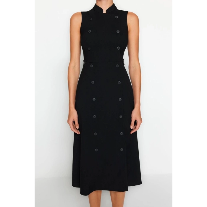 Fashion Regular Day Night Polyviscose Woven Judge Collar Sleeveless Sleeve Jacket Dress Midi Length Dress