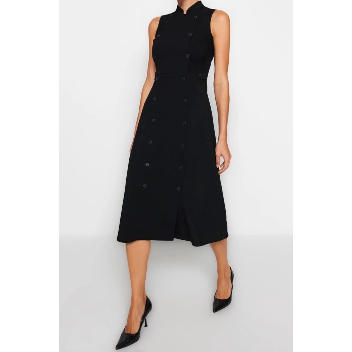 Fashion Regular Day Night Polyviscose Woven Judge Collar Sleeveless Sleeve Jacket Dress Midi Length Dress