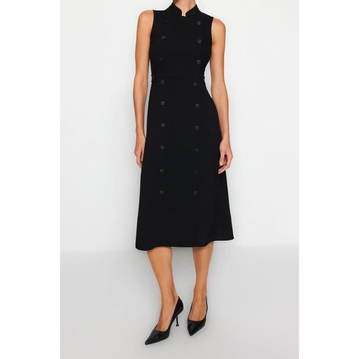 Fashion Regular Day Night Polyviscose Woven Judge Collar Sleeveless Sleeve Jacket Dress Midi Length Dress