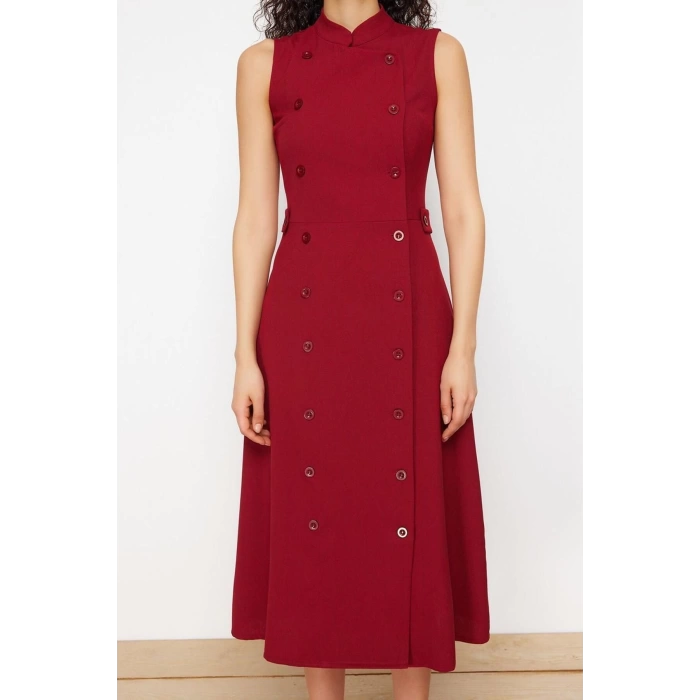 Fashion Regular Day Night Polyviscose Woven Judge Collar Sleeveless Sleeve Jacket Dress Midi Length Dress