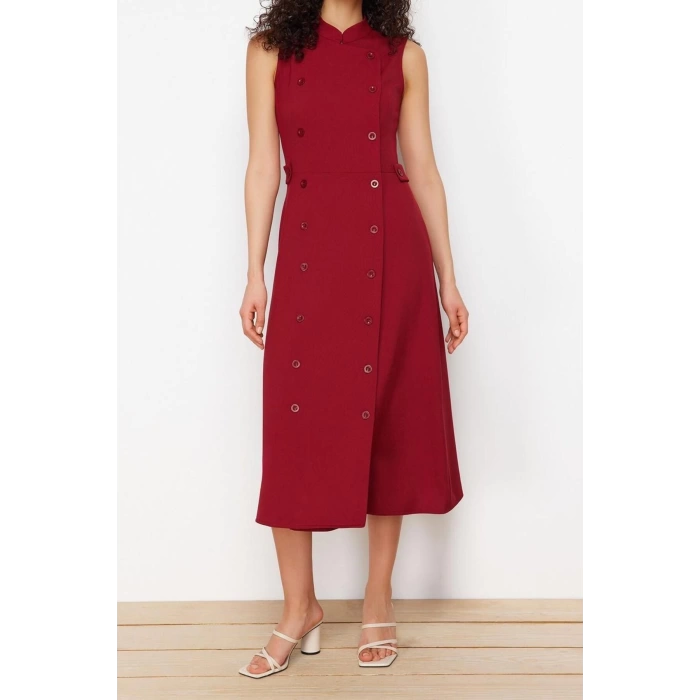 Fashion Regular Day Night Polyviscose Woven Judge Collar Sleeveless Sleeve Jacket Dress Midi Length Dress