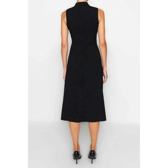 Fashion Regular Day Night Polyviscose Woven Judge Collar Sleeveless Sleeve Jacket Dress Midi Length Dress