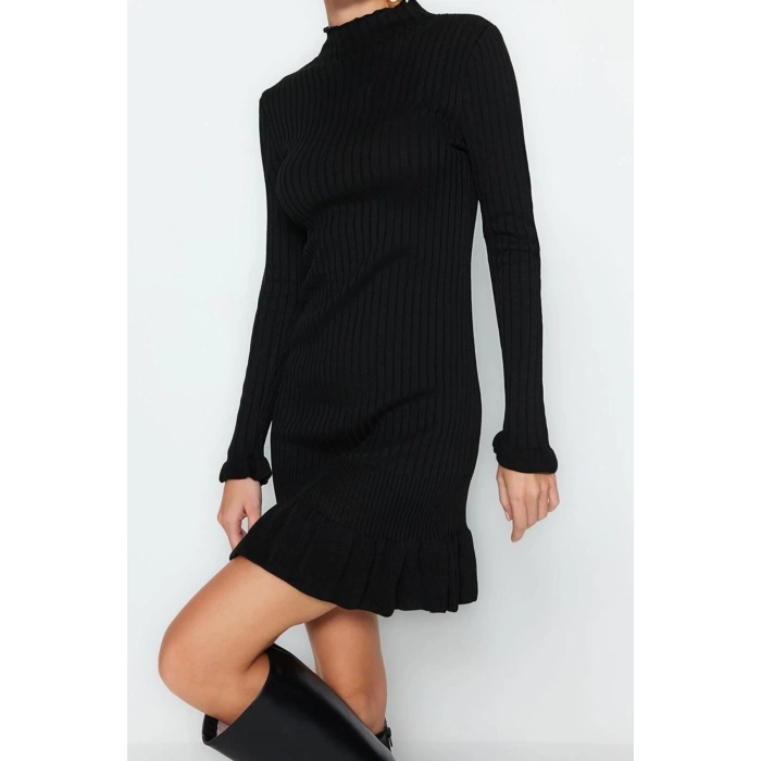 Moda Regular Casual Günlük Tek Plaka Triko Dik Yaka Uzun Kol Shift Mini Boy Elbise