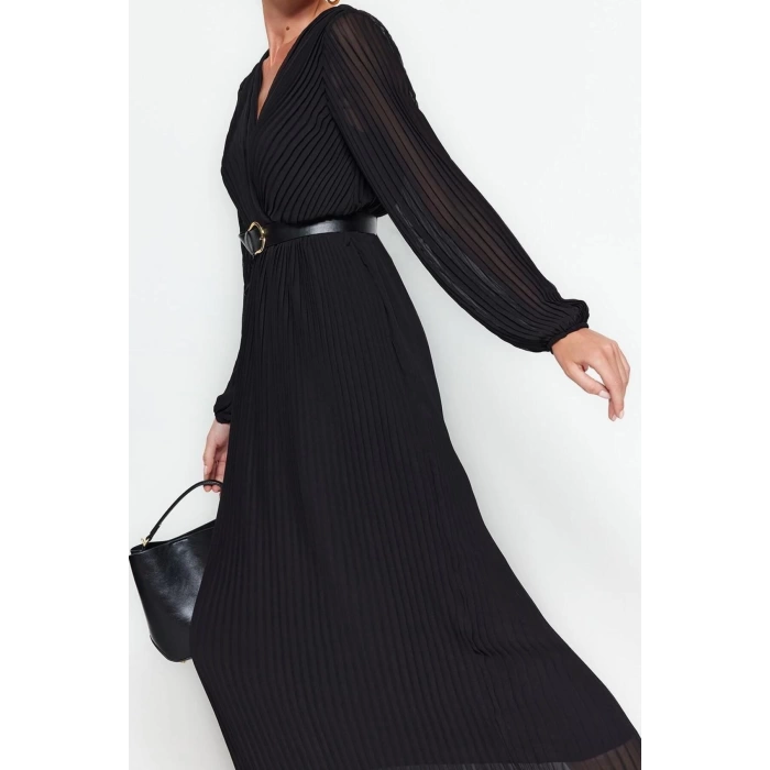 Moda Regular Gündüz Gece Şifon Dokuma Kruvaze Uzun Kol A-Line Maxi Boy Elbise