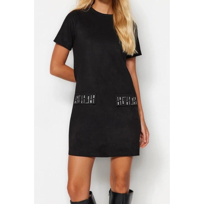 Moda Regular Business Süet Örme Bisiklet Yaka Kısa Kol A-Line Mini Boy Elbise