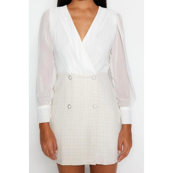 Moda Regular Business Tweed Woven V Neck Long Sleeve Jacket Dress Mini Length Dress