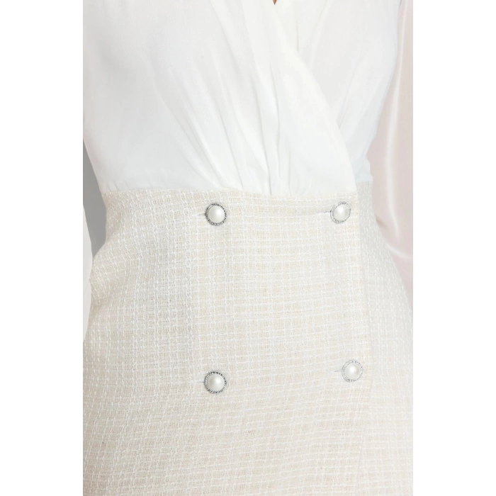 Moda Regular Business Tweed Woven V Neck Long Sleeve Jacket Dress Mini Length Dress