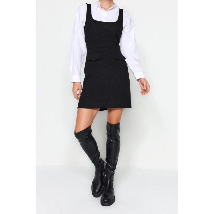 Moda Regular Casual Günlük Tüvit Dokuma Kare Yaka Askılı Kol Jile Mini Boy Elbise