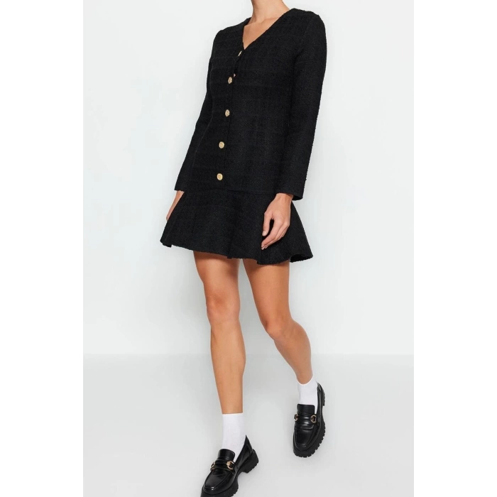 Moda Regular Casual Günlük Tüvit Dokuma V Yaka Uzun Kol Skater Mini Boy Elbise