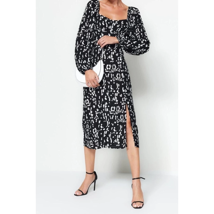 Moda Regular Casual Günlük Shally Dokuma Kalp Yaka Uzun Kol A-Line Midi Boy Elbise