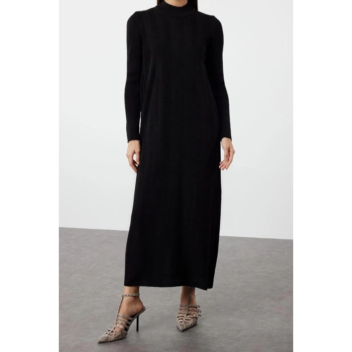 Moda Rahat Casual Günlük Saç Örgü Triko Yarım Balıkçı Yaka Uzun Kol Shift Maxi Boy Tesettür Elbise