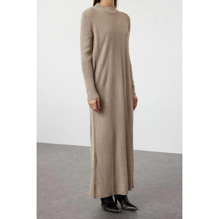 Moda Rahat Casual Günlük Saç Örgü Triko Yarım Balıkçı Yaka Uzun Kol Shift Maxi Boy Tesettür Elbise