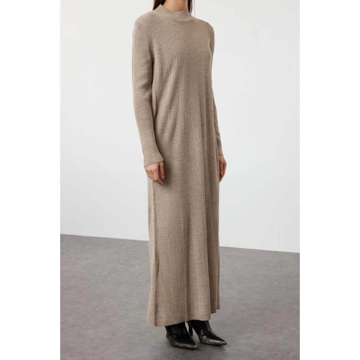 Moda Rahat Casual Günlük Saç Örgü Triko Yarım Balıkçı Yaka Uzun Kol Shift Maxi Boy Tesettür Elbise