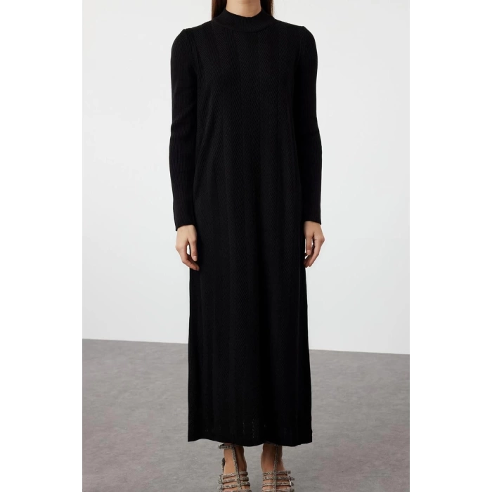 Moda Rahat Casual Günlük Saç Örgü Triko Yarım Balıkçı Yaka Uzun Kol Shift Maxi Boy Tesettür Elbise