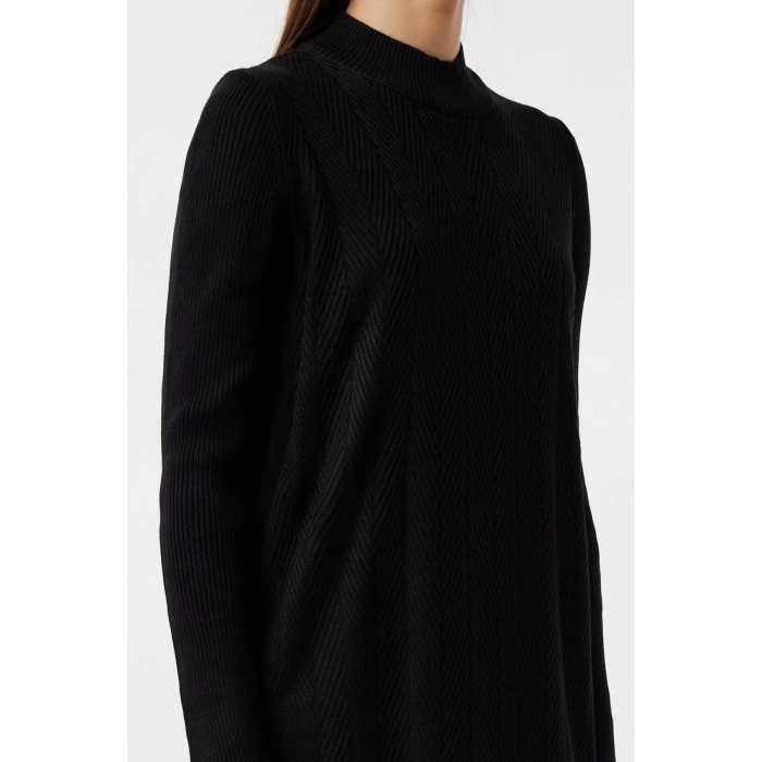 Moda Rahat Casual Günlük Saç Örgü Triko Yarım Balıkçı Yaka Uzun Kol Shift Maxi Boy Tesettür Elbise