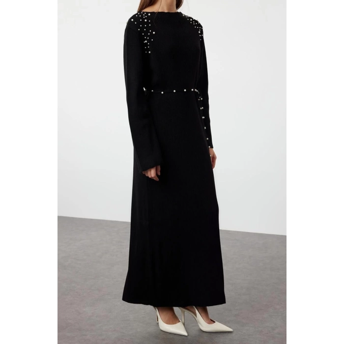 Moda Regular Günlük Ribana Kaşkorse Triko Bisiklet Yaka Uzun Kol Shift Maxi Boy Tesettür Elbise